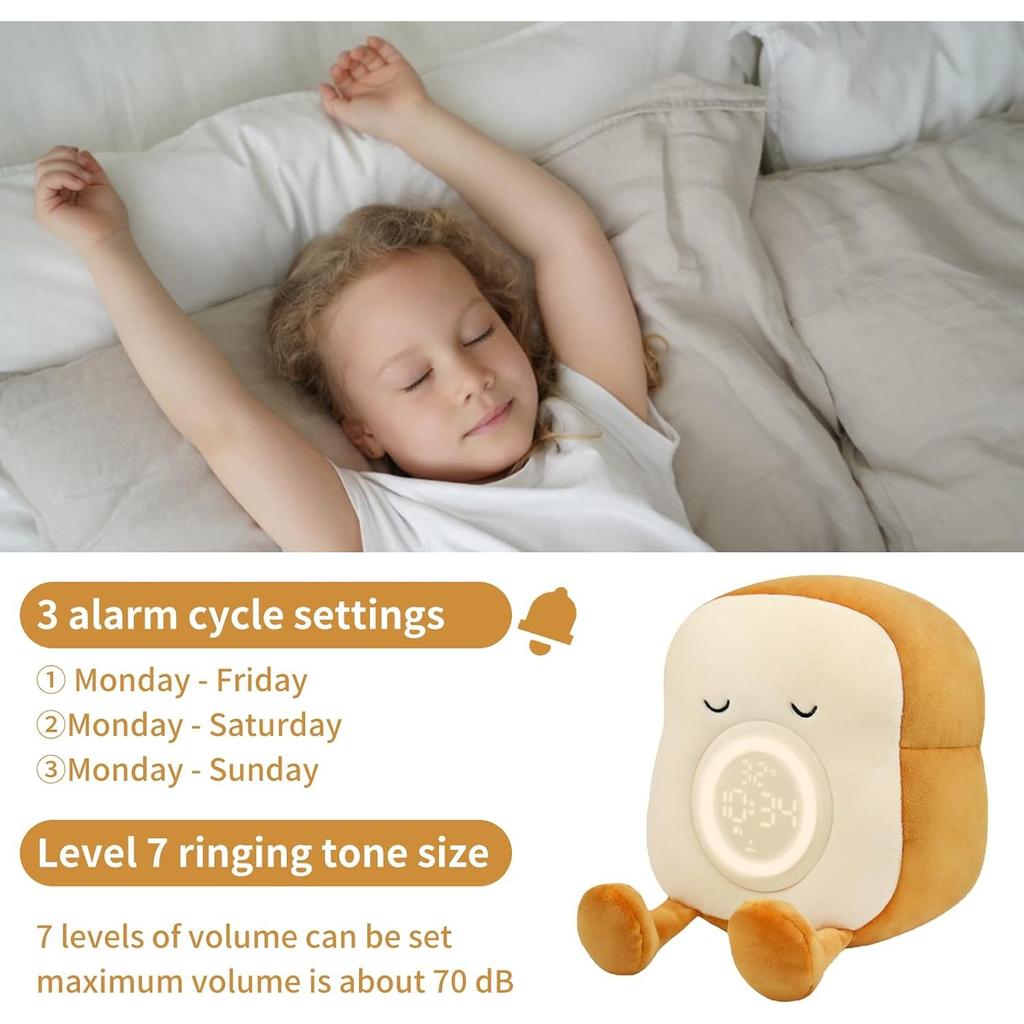Children's Cute Digital Alarm Clock with Night Light Plush Toast Light Without Ticking for Children's Room,Bedroom, Snooze Function, USB Rechargeable