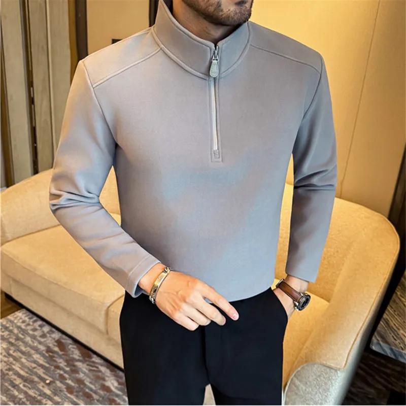 Autumn Winter Men's Thick Fleece Sweatshirts Solid Color Warm Half Zipper Pullover Tops Men Stand Collar Sports Full Sweatshirt