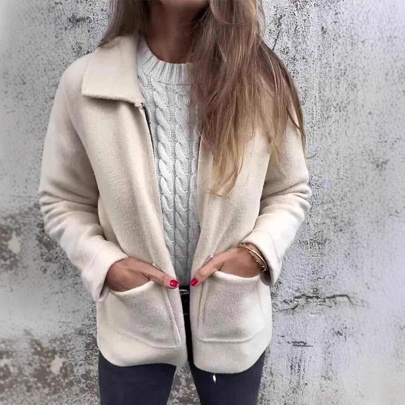 2025 Autumn and Winter New Women's Lapel Solid Color Zipper Pocket Jacket