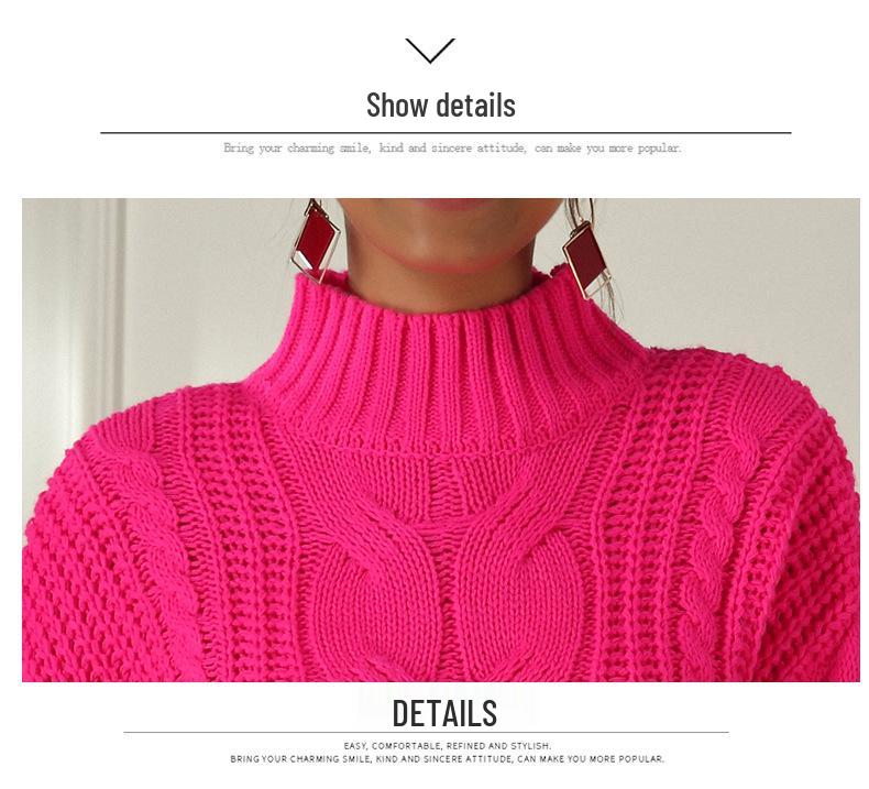 Leuchtende Farbe Kabelstrick Übergröße Damenpullover - Langarm Locker Halber Rollkragen Pullover