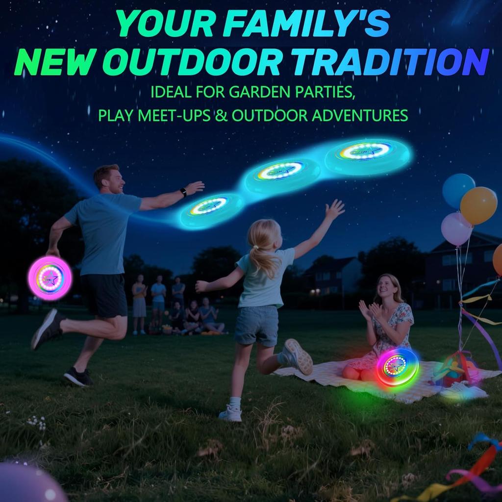 Ultra Bright Flying Disc, Luminous Flying Disc - 12 Intelligent Light Programmes, Rechargeable & Shockproof (Ideal for Night Games, Garden Parties,)