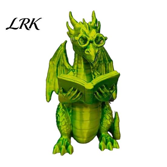 Reading Room Decorations 3D Printed Dragon Figurine, Cute Statue with Glasses Creative Desk Accessories Book, Fantasy Desktop Bookshelf Decor,