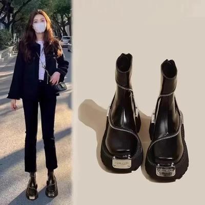 2025 Schuhe Damen Hohe Qualität Reißverschluss Damenstiefel Frühling Runde Spitze Uni Kurzer Schaft Mittlerer Absatz Wasserdicht Britische Stiefel Zapatos
