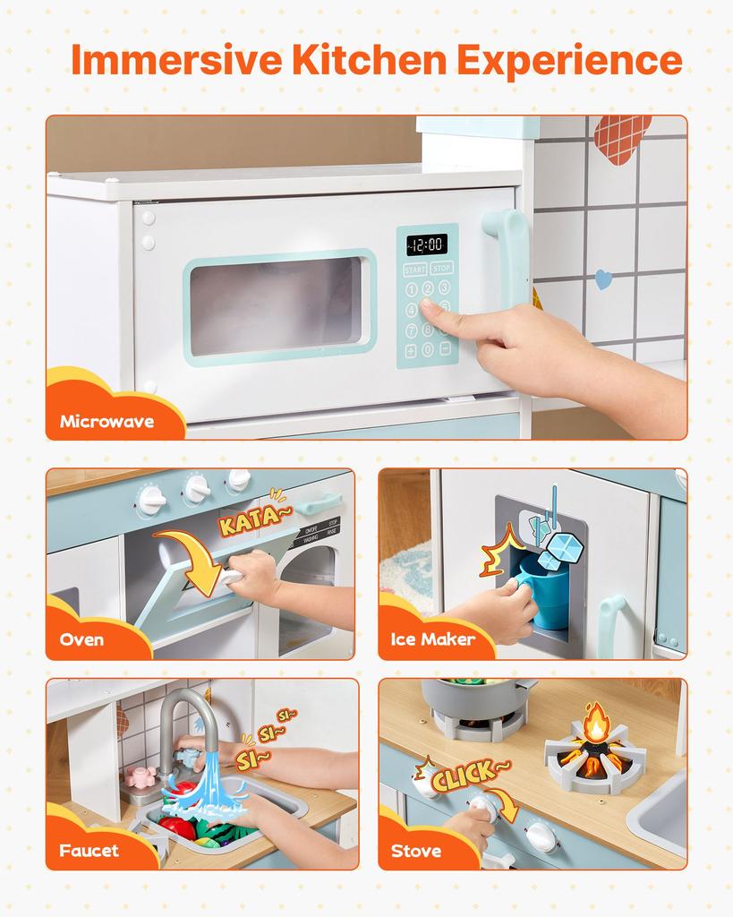 VEVOR Cucina Giocattolo per Bambini, Set Cucina Giocattolo in Legno con Luci e Suoni, Cucina per Bambini Piccoli con Dispenser di Ghiaccio, Forno, Lavello, Microonde