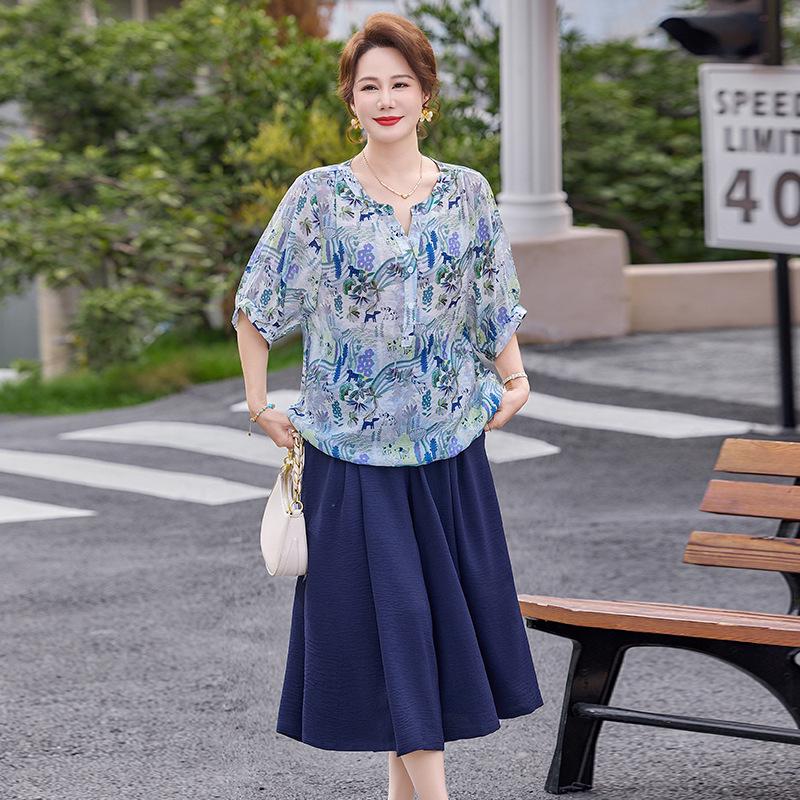 Chiffon Short-Sleeve Top & Wide-Leg Pants Set for Middle-Aged Women