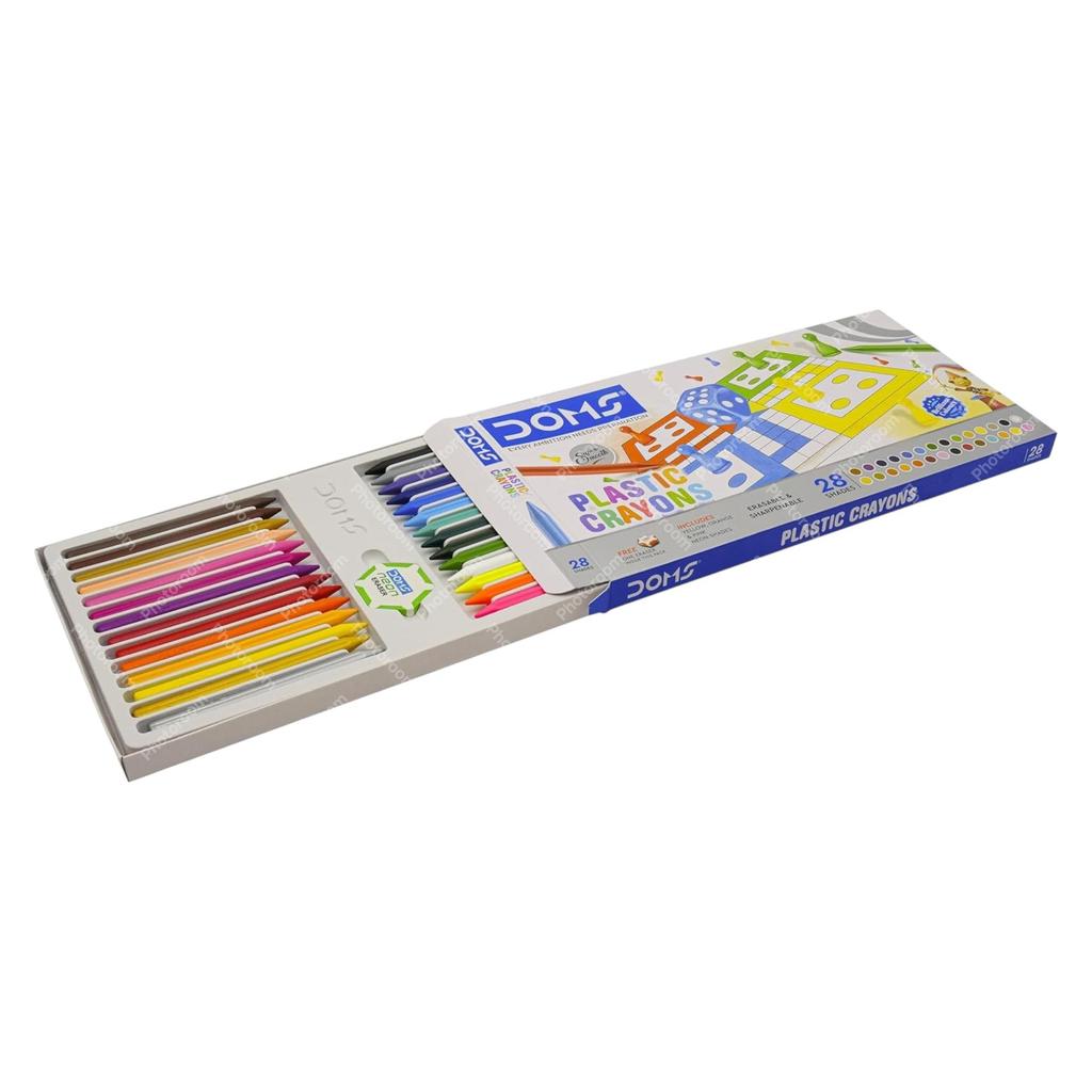 Doms Non Toxic 28 Shades Plastic Crayons Set for Kids Drawing Art School Supplies Erasable Sharpenable Pack of 1