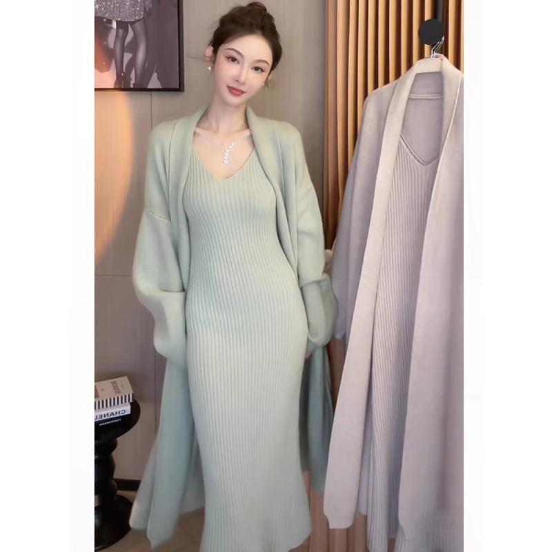 2024 Women's Autumn/Winter Knitted Dress & Sweater Cardigan Two-Piece Set - Medium & Long Lazy Style