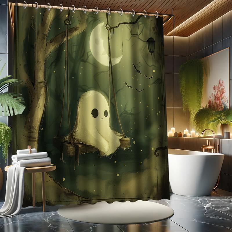 Halloween Cute Ghost Shower Curtain Set, Swinging Little Ghost, Waterproof Polyester, Bathtub Partition, Modern Bath Decor