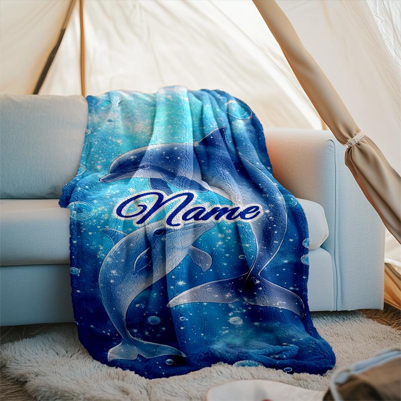 1PC Custom Name Dolphins Underwater Dreams Outdooor Flannel Blankets Throw Blanket All-Season Throw Gift Bedspread for Couch, Bed, Camping Holiday Bir