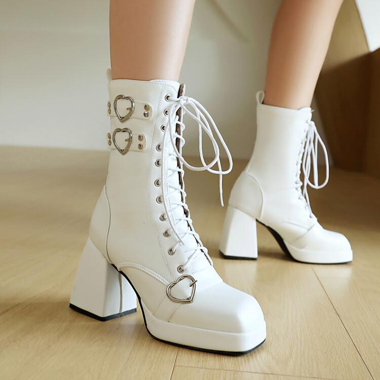 9cm Square Heel Waterproof Platform Short Boots Heart-shaped Metal Buckle Rivets Leather Short Plush Winter Ankle Boots 35-45