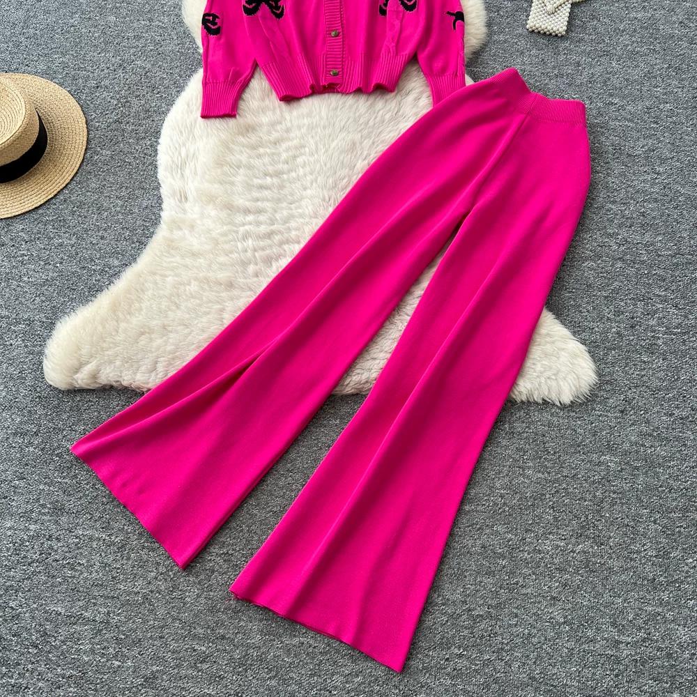 Autumn Winter Sweet Bow Jacquard Sweater and Pants Two-Piece Set Women's Knitted Cardigan High-Waisted Wide-Leg Pants Suits