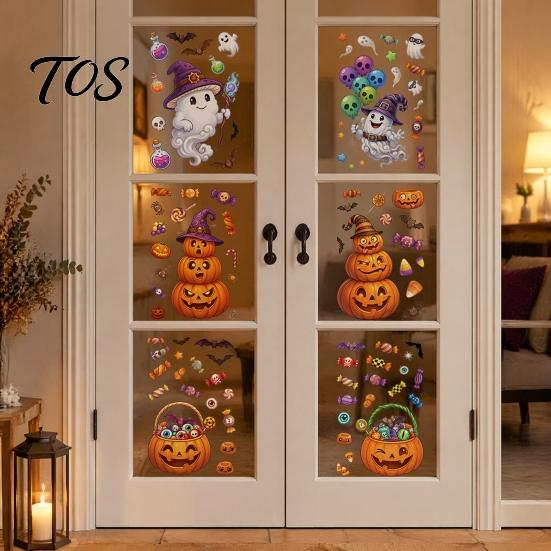 Home Window Ornaments Halloween Cartoon Cling Stickers, Ghost Pumpkin Candy Glass Decals, Self-Adhesive Removable Decorative Posters Art for