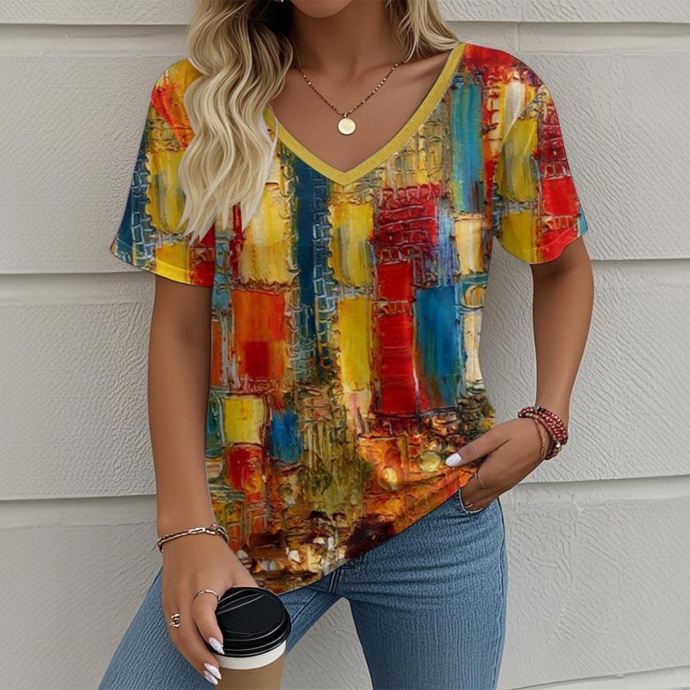 Oil Painting Architectural 3D Print T-shirt Women Streetwear Casual T Shirts Tops Woman Harajuku V-Neck Tees Oversized Clothing