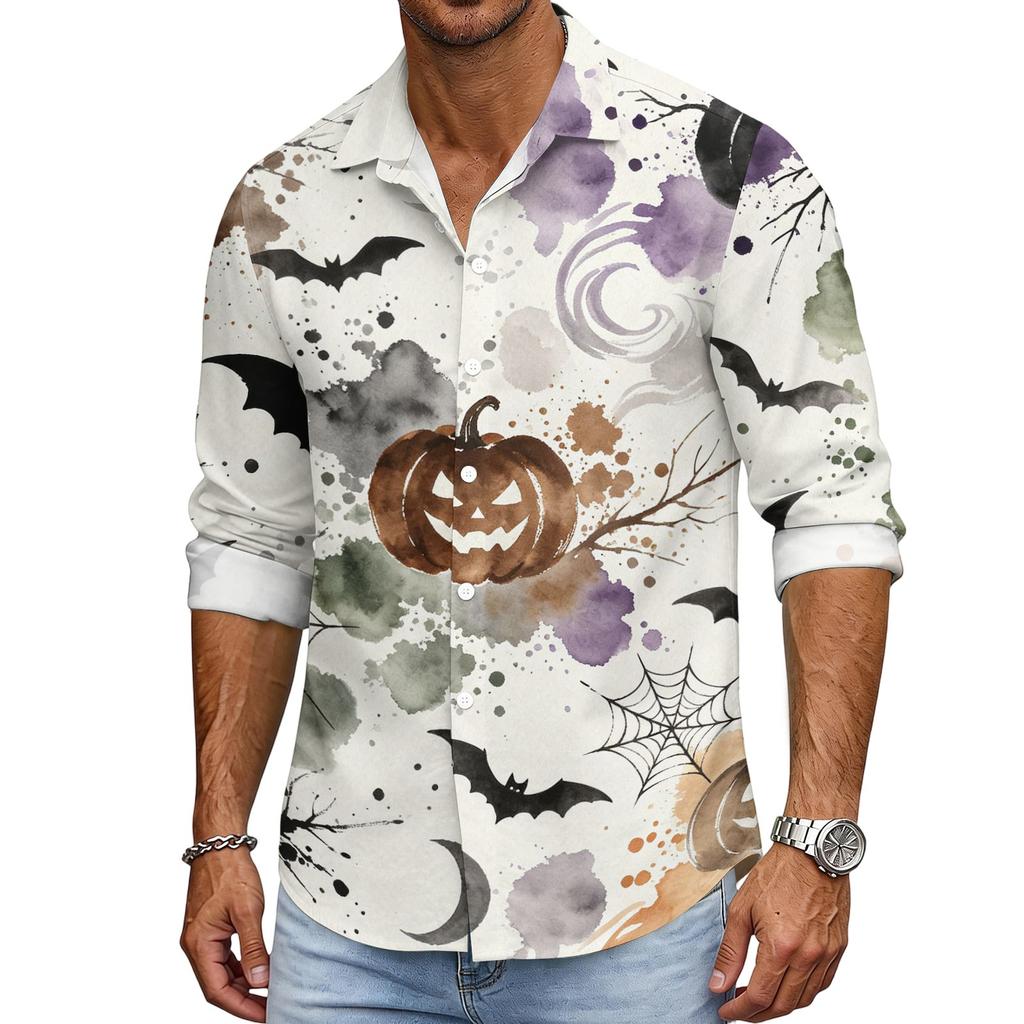 Men's Loose Fit Long Sleeve Shirt with Classic Collar Halloween Print Vintage Casual Button Down Shirt for Spring Autumn Daily Wear