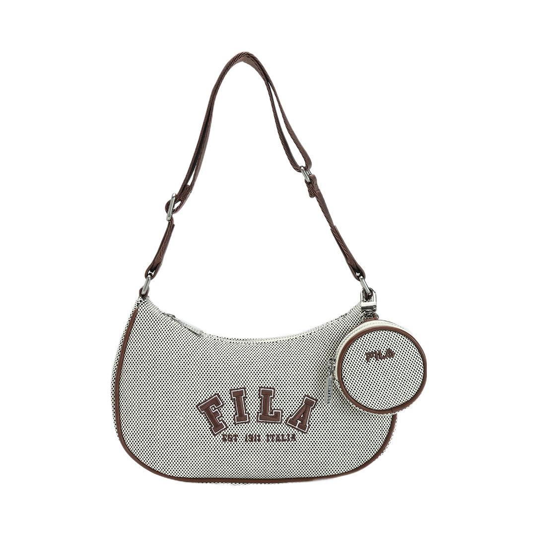 

New FILA Fabric With Synthetic Leather Crescent Moon Bag Shoulder Bag Women s Daxue Umber F13W338172F-BN 24.9*6.6*17.0CM
