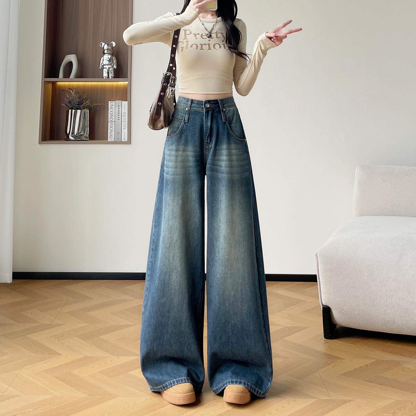 

Women s High-Waisted Straight Leg Denim Jeans, Retro Washed, Loose Fit, Large Leg Opening, Floor-Length. L