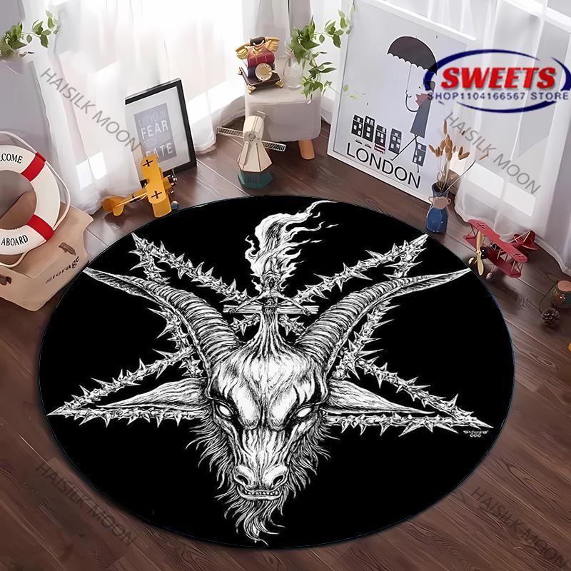 

3D HD Pentacle Symbol Round Rug, Goat Head Print Round Carpet, Children Play Mat Living Room Bedroom Rug, Non-slip Doormat,Gift Diameter -60cm