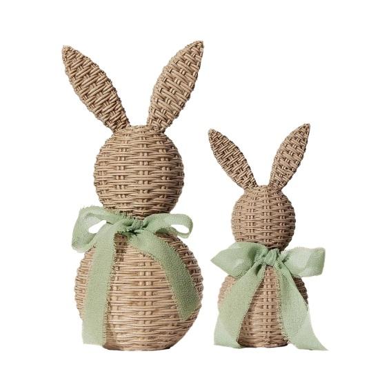 1 Paar Rattan-Optik Hasen-Dekorationsset Große Kleine Hasenstatue mit Schleifen-Dekor Frühlings-Tischdekoration Bauernhaus Heim Osterdekoration