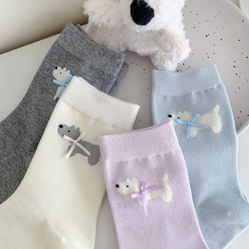 Bow Socks Medium Tube Socks Spring And Autumn Thin Pure Cotton Sweet Cute Cartoon Puppy Pile Socks Women