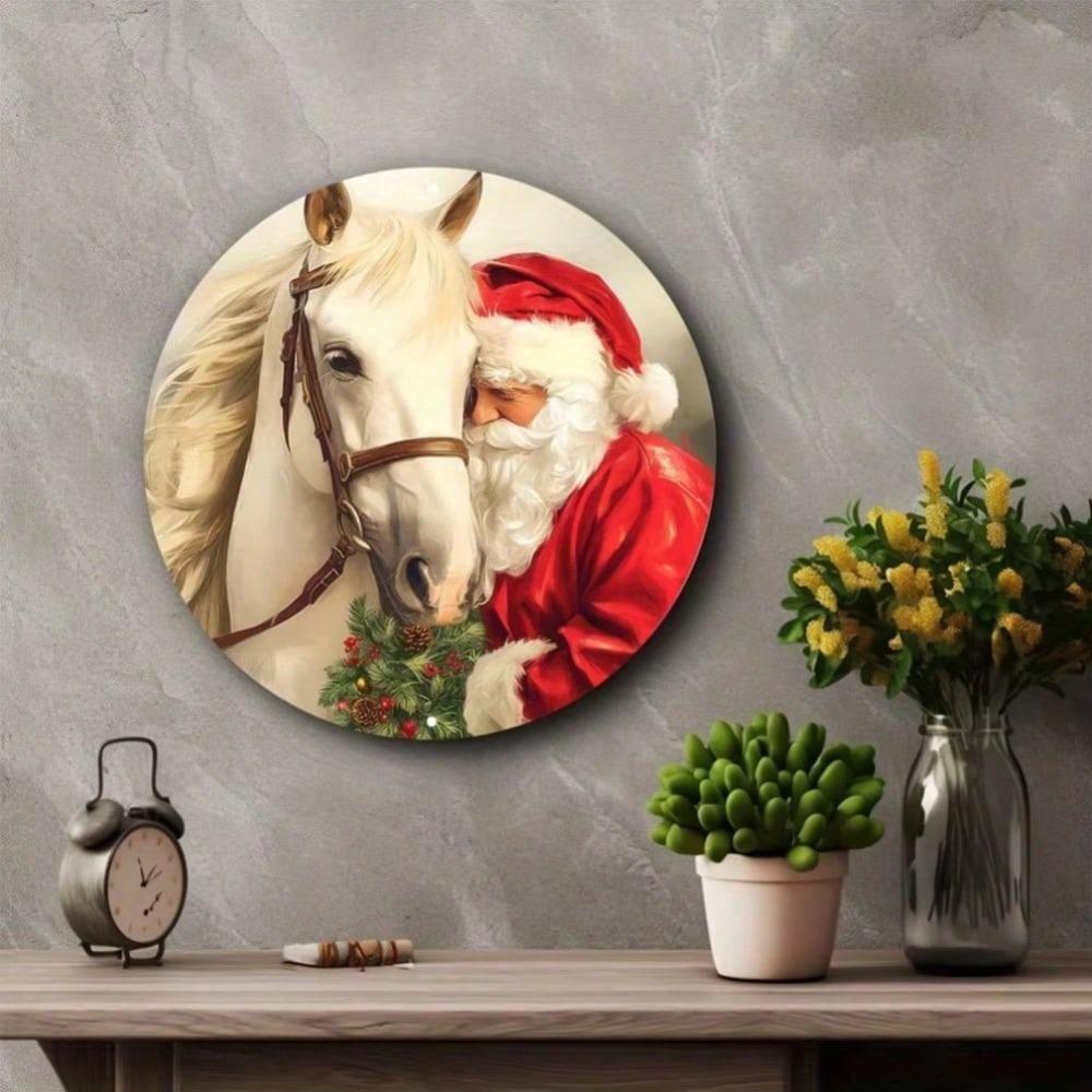 Santa Horse Aluminum Tin Sign 8 inch Round Vintage Christmas Decor For Home Office Cafe Holiday Gift