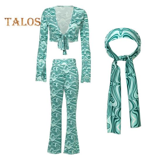 

Женский сценический костюм из 3 предметов, с V-образным вырезом, на шнуровке, с длинными рукавами, укороченный топ, высокая талия, расклешенные брюки, повязка на голову с принтом, ретро-дискотека L зелёный