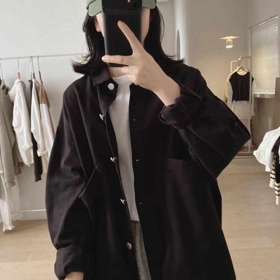 Women's Loose-Fit Retro Workwear Jacket with Large Pockets - Plus Size, Slimming, Solid Color, Spring/Autumn