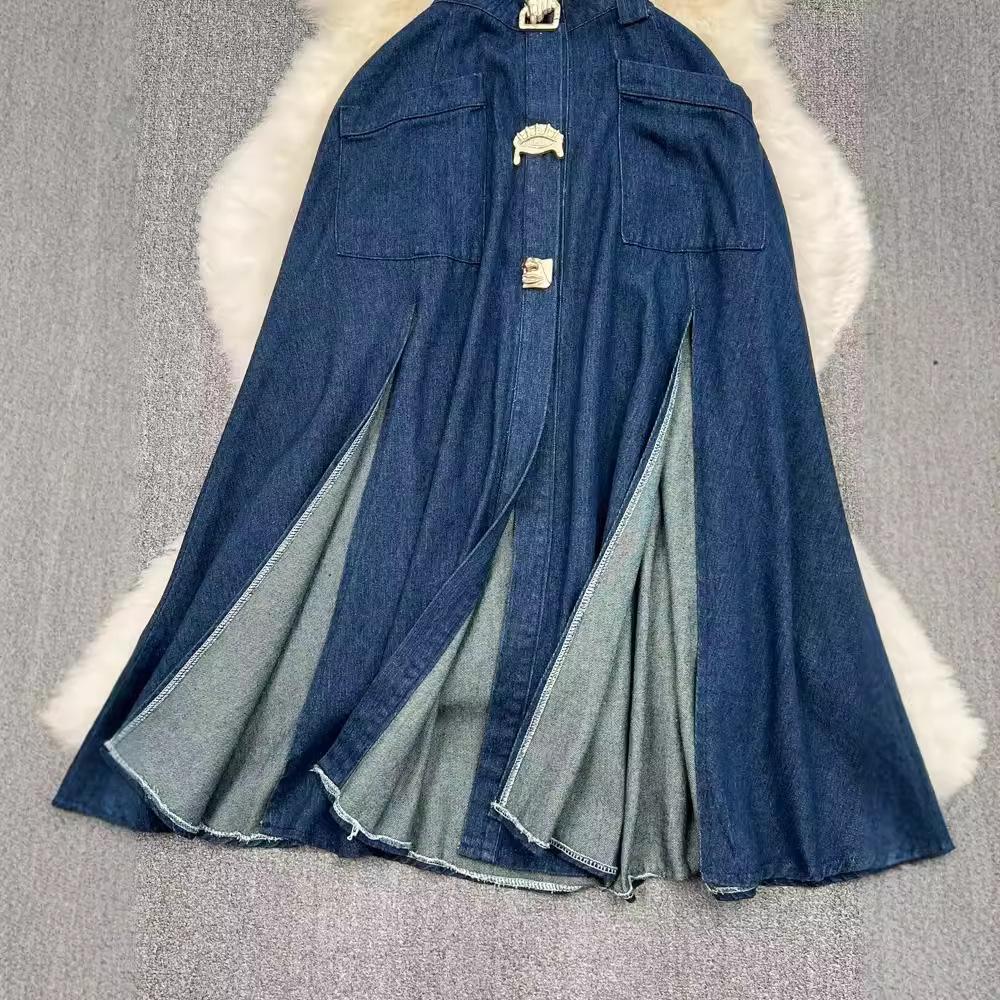 Retro lapel hollow waist exposed waist thin sleeveless single-breasted a-word split denim dress casual long dress