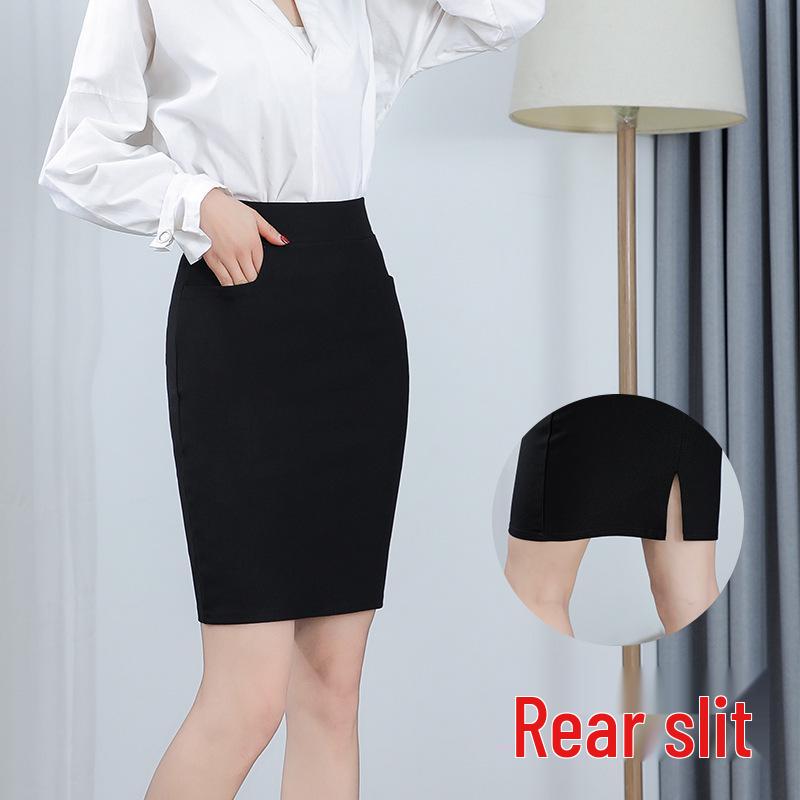 Cross-Border High Waist Elastic Midi Skirt with Pockets - Black Slimming Office Skirt for Women