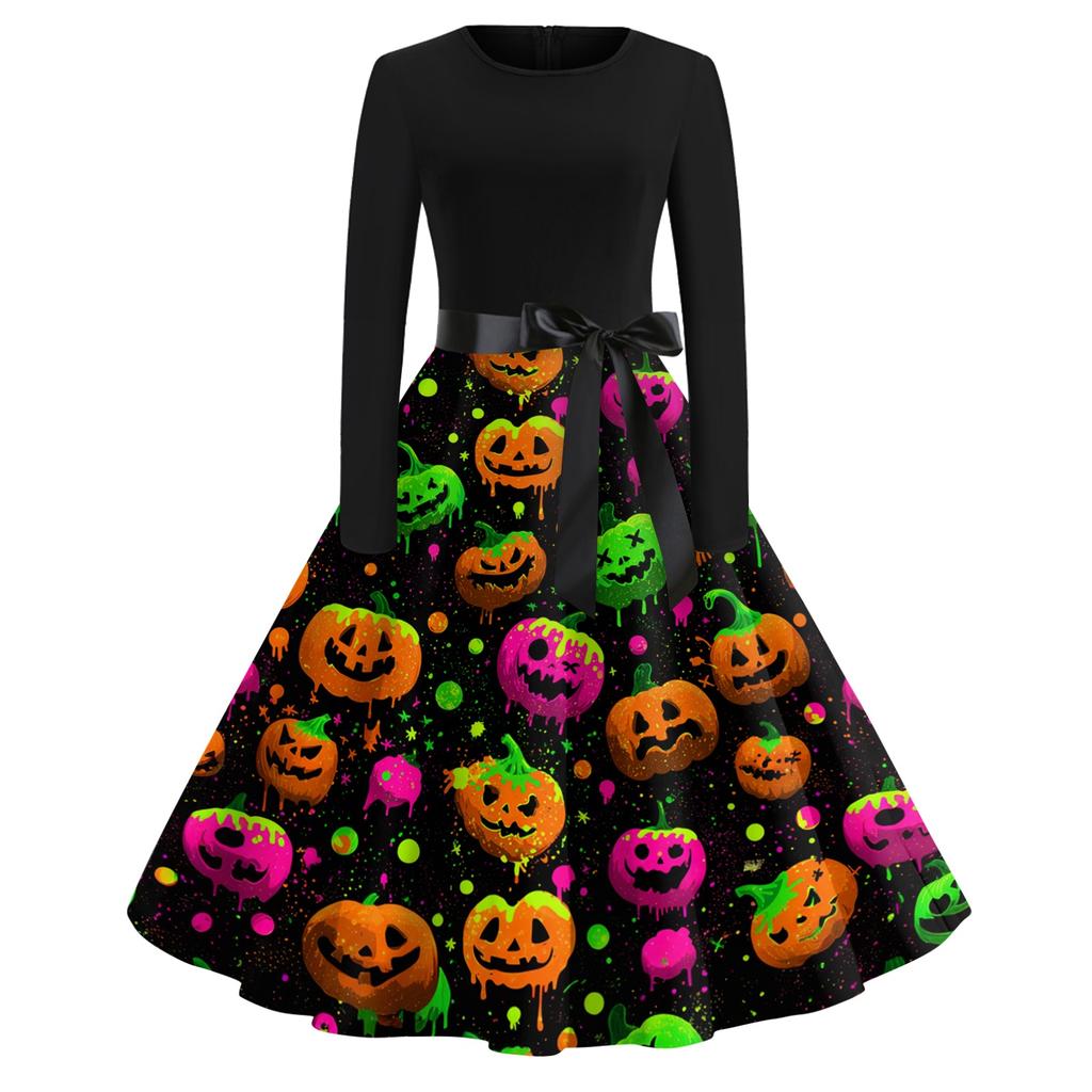 Women's Vintage Long Sleeve Round Neck Dress Halloween Party Printed Midi Dress with Belt Retro Style