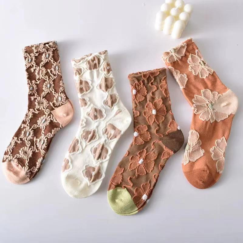 5 Pairs of Fashionable Harajuku Retro Palace Style Women's Socks With Novel Ethnic Print Cute Three-Dimensional Relief Socks