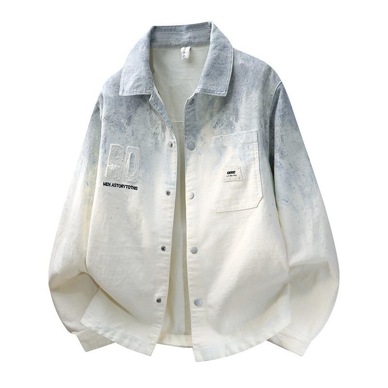 Trendy Men's Gradient Spray-paint Jacket, Classic Collar Button Placket Jacket, Oversized Streetwear Jacket for Daily Wear & Urban Styling