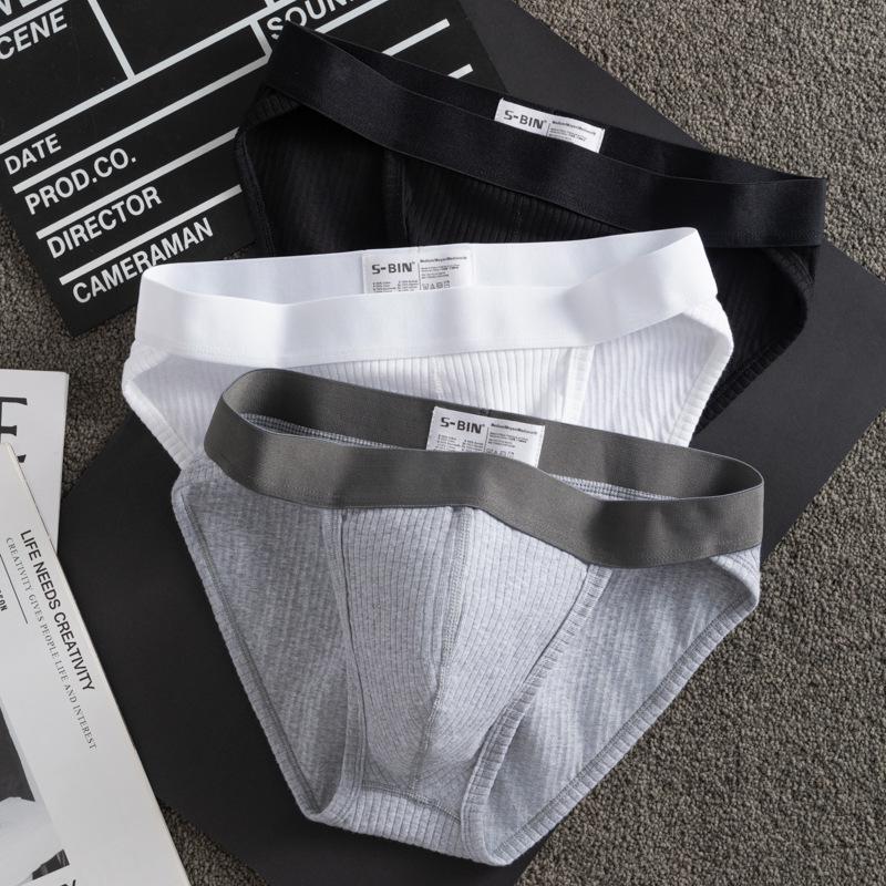 Men's Ribbed Pure Cotton Briefs - Solid, Breathable, Sweat-Absorbing, High Cut, Large Pouch, Four Seasons.