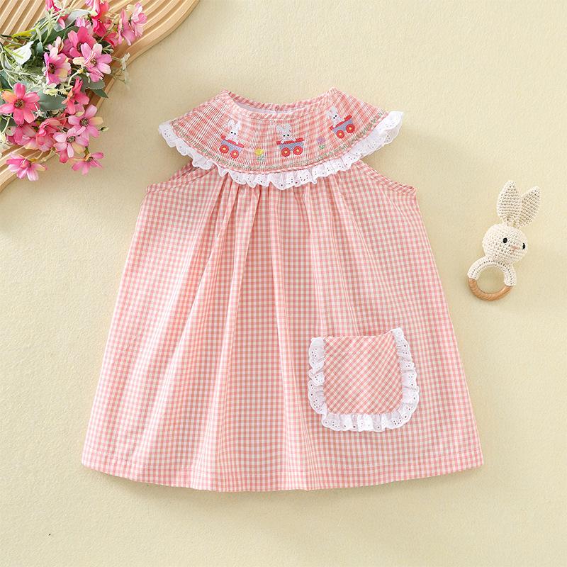 Girls Summer Sleeveless Plaid Dress Cute Rabbit Embroidery Breathable Princess Dress For Baby Toddler 80cm