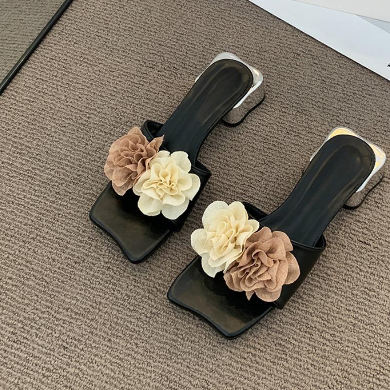 

Fashion Women s Mid-heel Sandals Summer New Square Head Open Toe Flower Soft Sole Anti-slip Wear-resistant Square Slippers 40 чёрный
