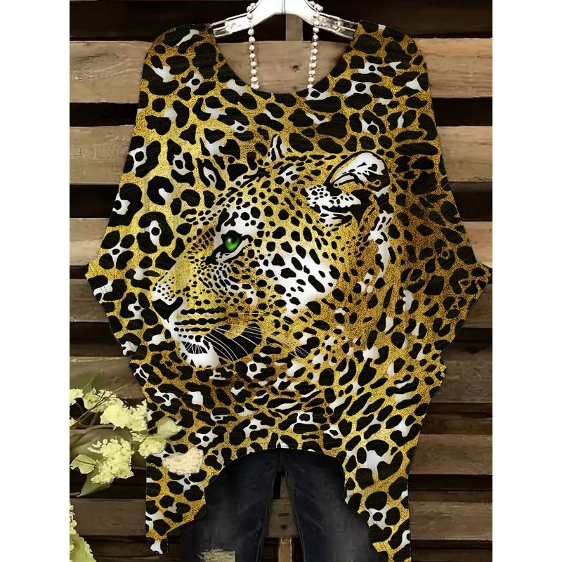Camiseta de Mujer Moda Leopardo Impresión 3D Tops Verano Sexy Cuello Redondo Manga Corta Camiseta Calle Casual Holgada Ropa de Mujer