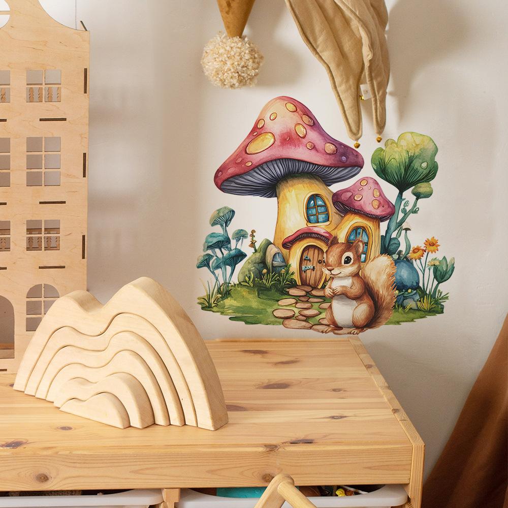 Mushroom House Squirrel Wall Sticker Self-Adhesive Removable for Bedroom Living Room Hallway Closet Dorm Home Decor Art