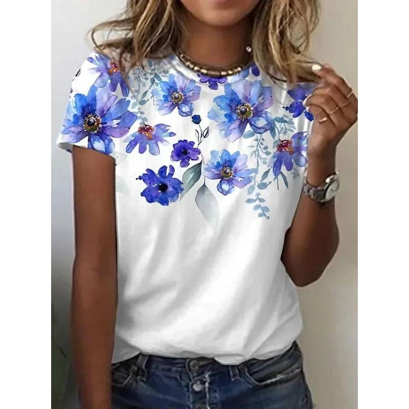 Summer Round Neck 3D Flower Print Top Fashionable Casual Short Sleeved Women's T-shirts