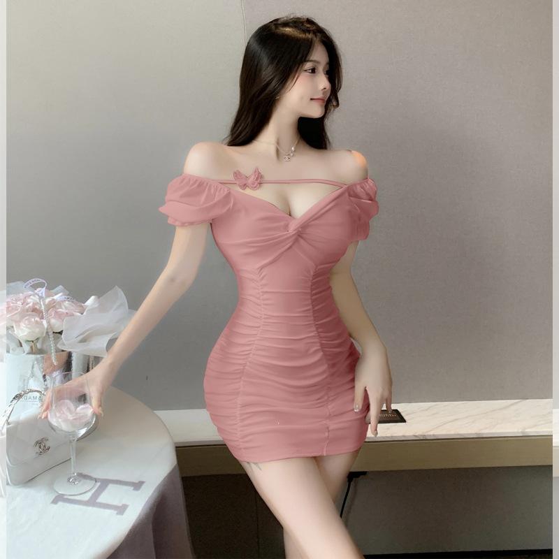 Temperament socialite black slim dress women's French retro summer sexy one-word shoulder tight hip skirt