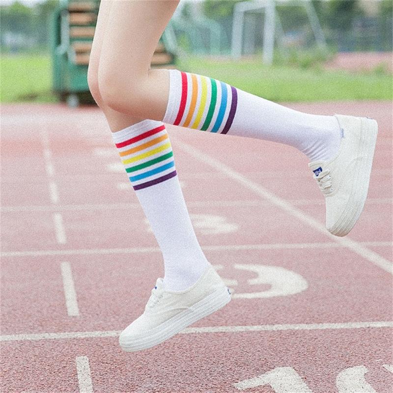 Women School JK Girls Cotton Over Calf Long Socks Japanese Style Rainbow Striped Student Uniform Casual Knee High Socks