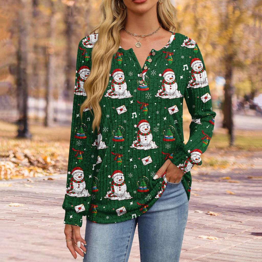 Women's Fashion V-Neck Button-Up T-Shirt With Christmas Print Long-Sleeved Top
