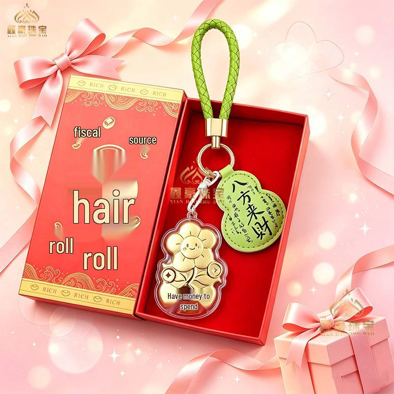 Shuibei 999 Fine Gold Gourd Pendant Keychain with Cute Money Flower Design