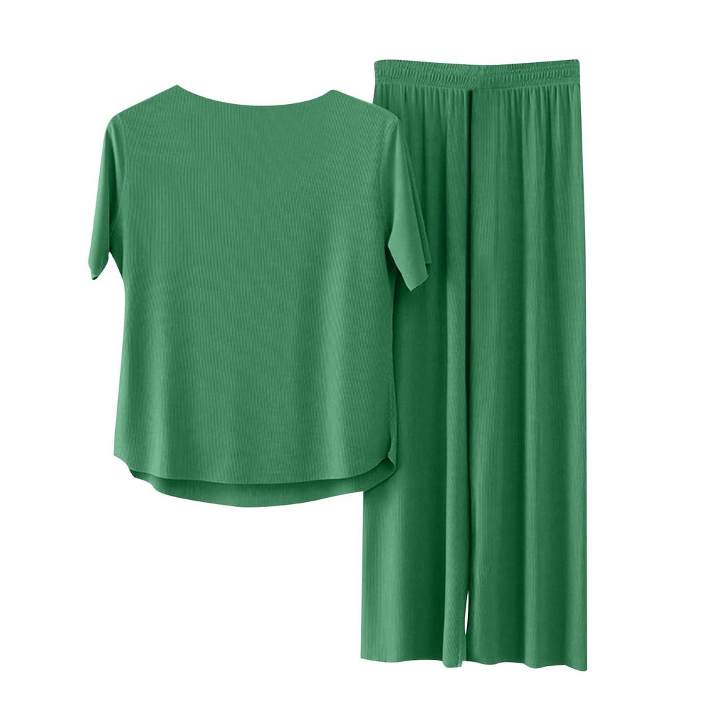 Ladies Casual Pajamas Set Color V Neck Short Sleeve Top Nine Minute Pants Two Piece Set