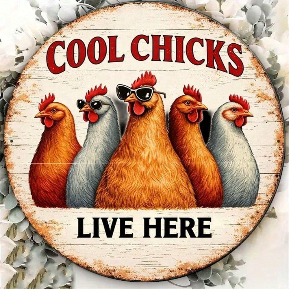 Vintage Round Metal Chicken Sign Wall Art Kitchen Decor