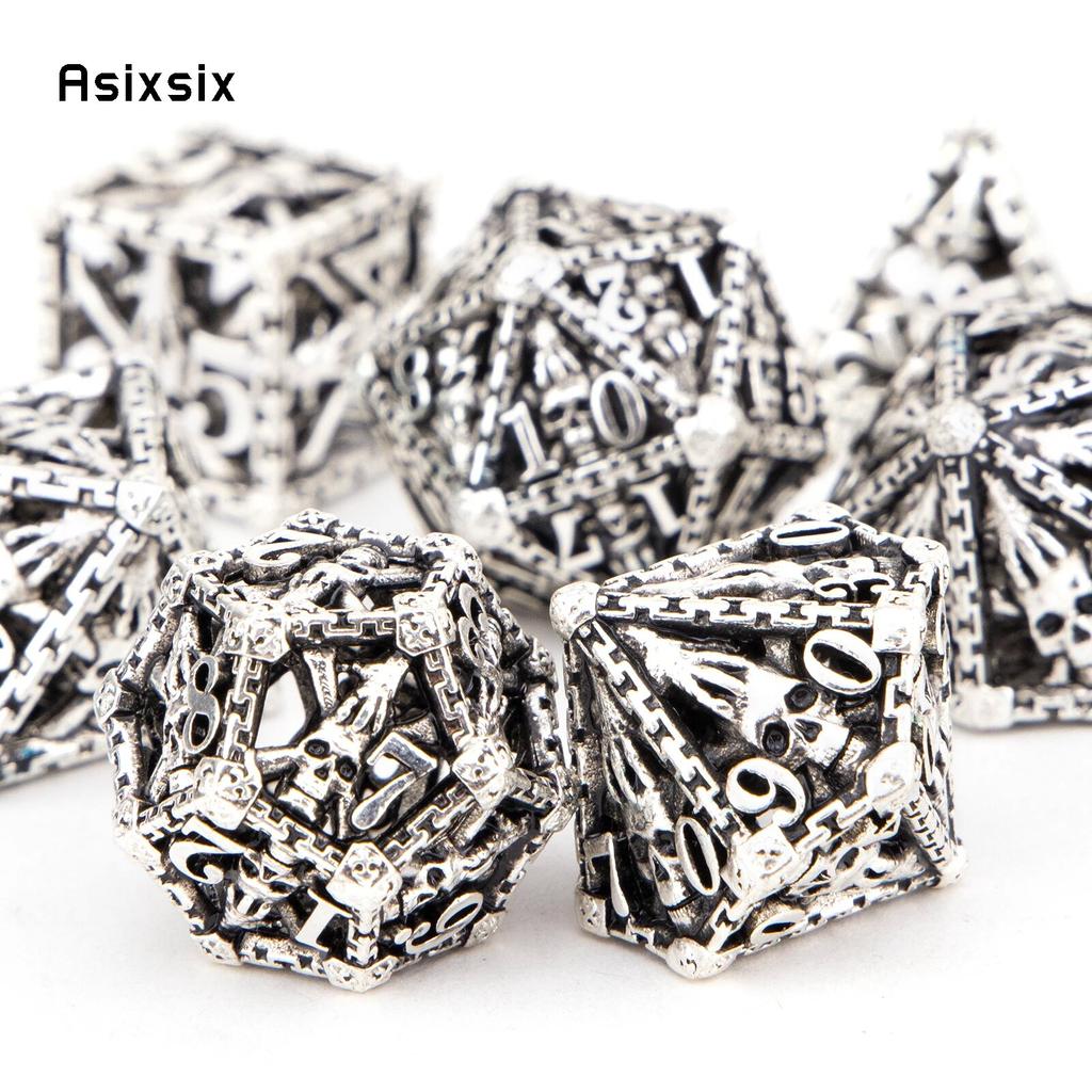7 Pcs Silver Hand Skull Head Metal Dice Hollow Metal Polyhedral Dice Set Suitable for Role-Playing RPG  Board Game Card Game