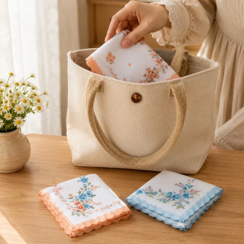 Flower Motif Handkerchief Set, 18Pcs Soft Cotton Cloths with Scalloped Trim for Personal Wiping, Table Settings, and Small-Item Wrapping