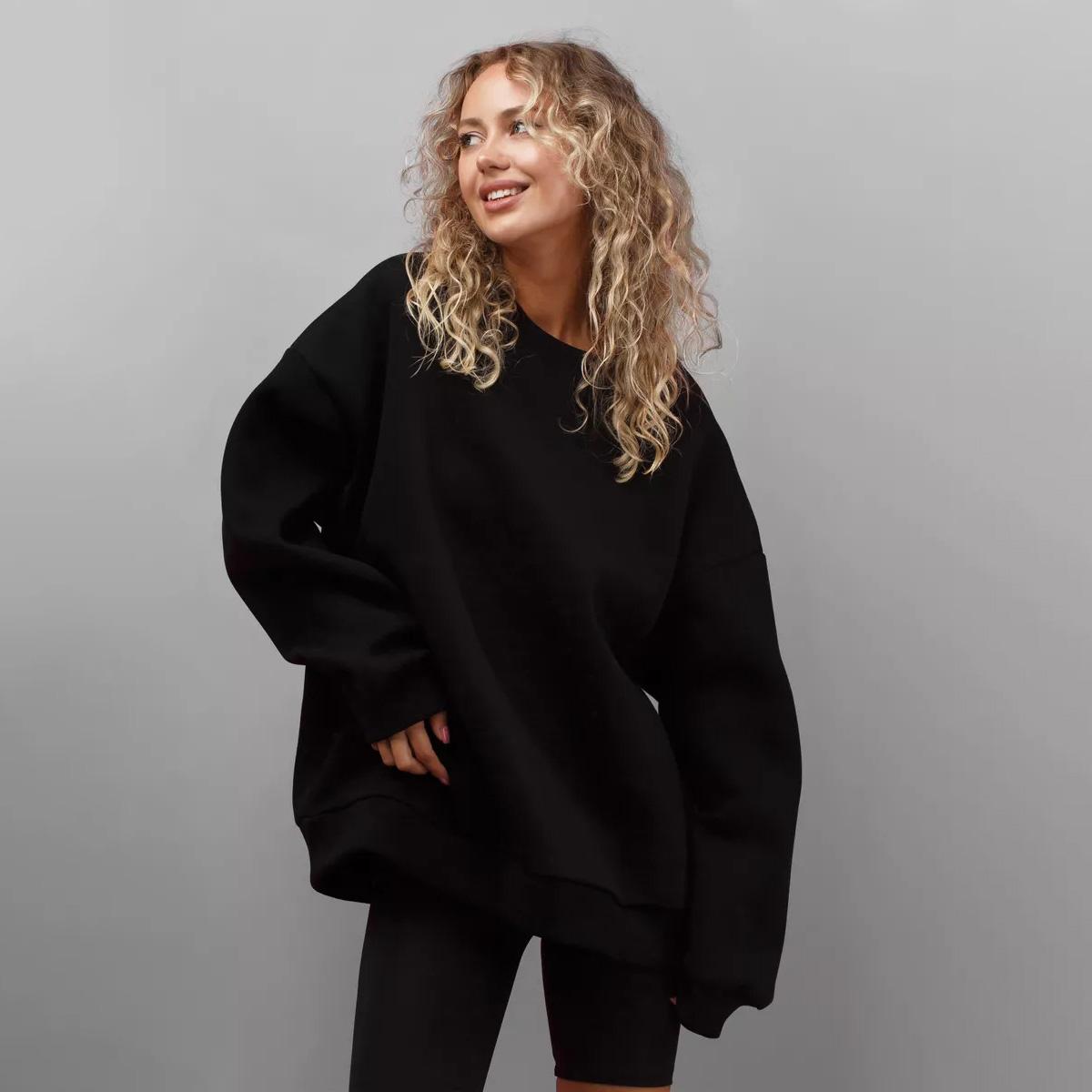 

Женские свободные свитера с длинным рукавом и круглым вырезом, женские топы, однотонные толстовки XL чёрный