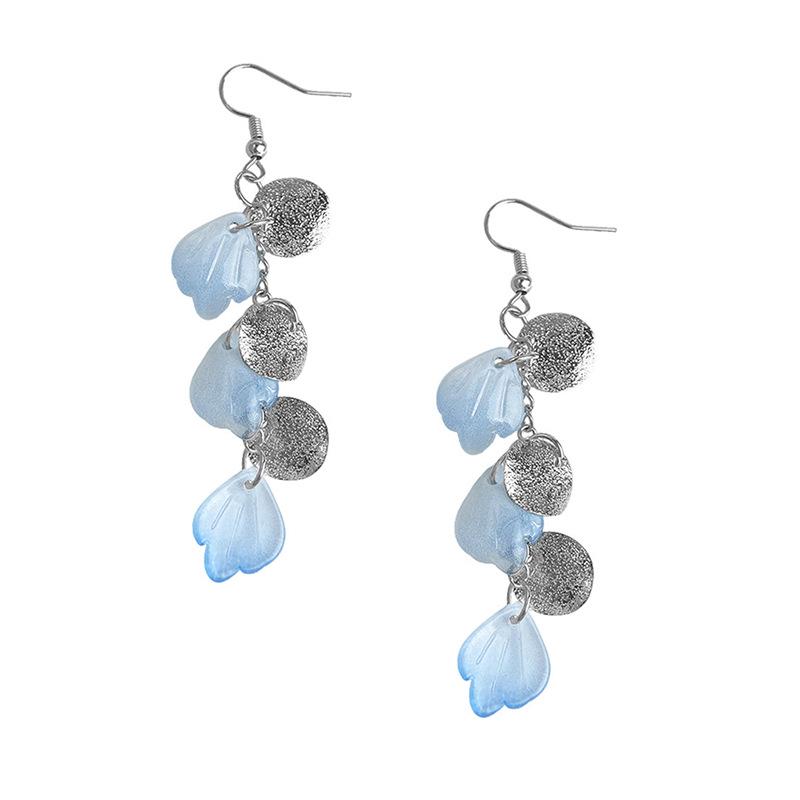 Gradient Blue Flower Petal Crystal Tassel Earrings - Cool, Elegant Seaside Vacation Style