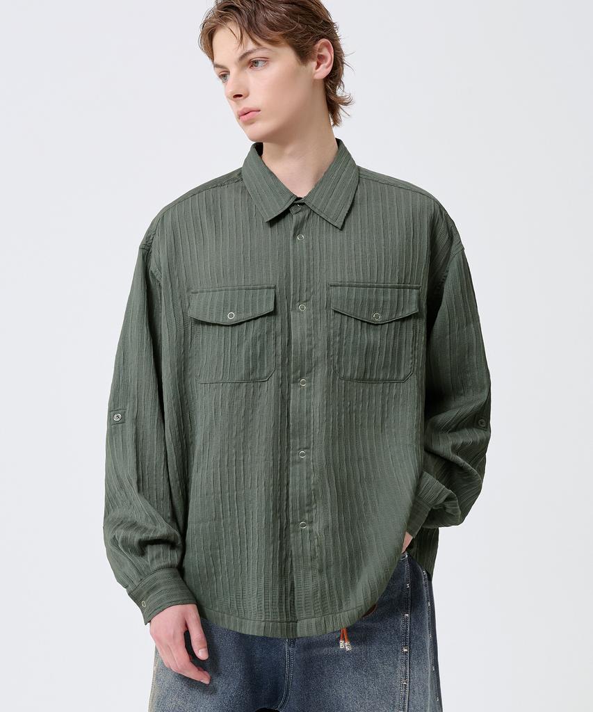 TRILLION Wrinkle Sheer Oversized Roll-Up Long Sleeve Shirt_Khaki