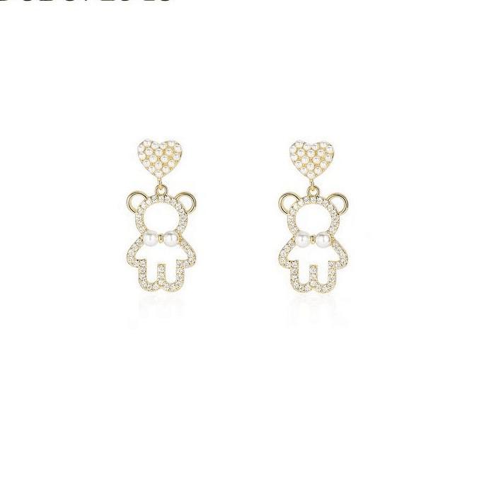 Korejské náušnice s pěticípou hvězdou a roztomilým medvídkem s diamanty, jednoduchý malý visací design pro ženy