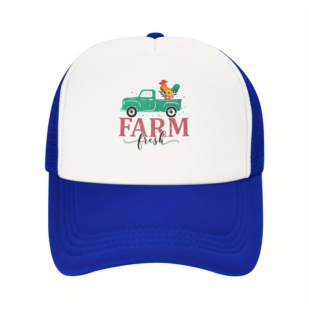 Farm Fresh Truck Rooster Graphic Trucker Hat Polyester Mesh Breathable Casual Unisex Cap
